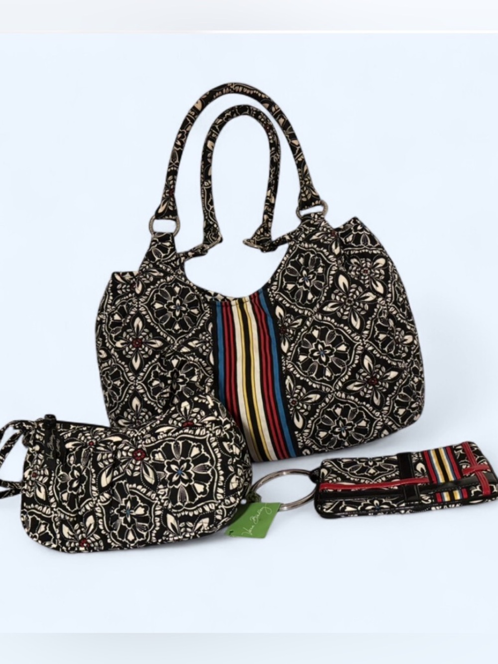 Vera Bradley Black Floral Quilted Tote Set with Multicolor Stripe Accent